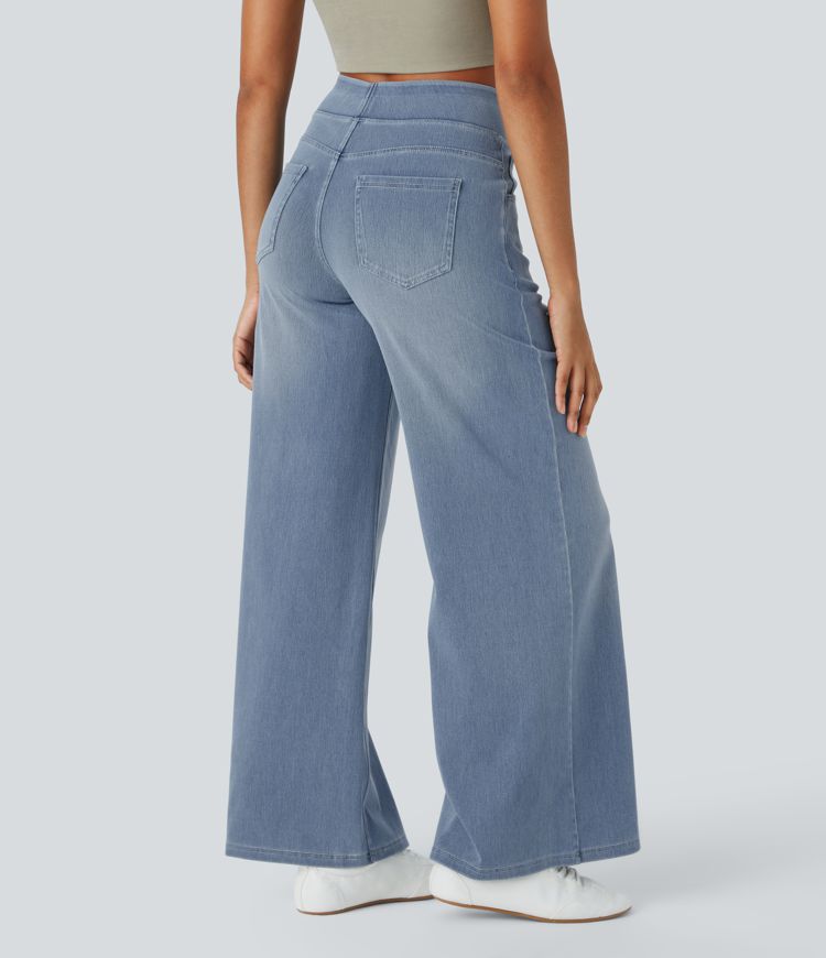 HalaraMagic™ High Waisted Multiple Pockets Wide Leg Washed Stretchy Knit Casual Jeans