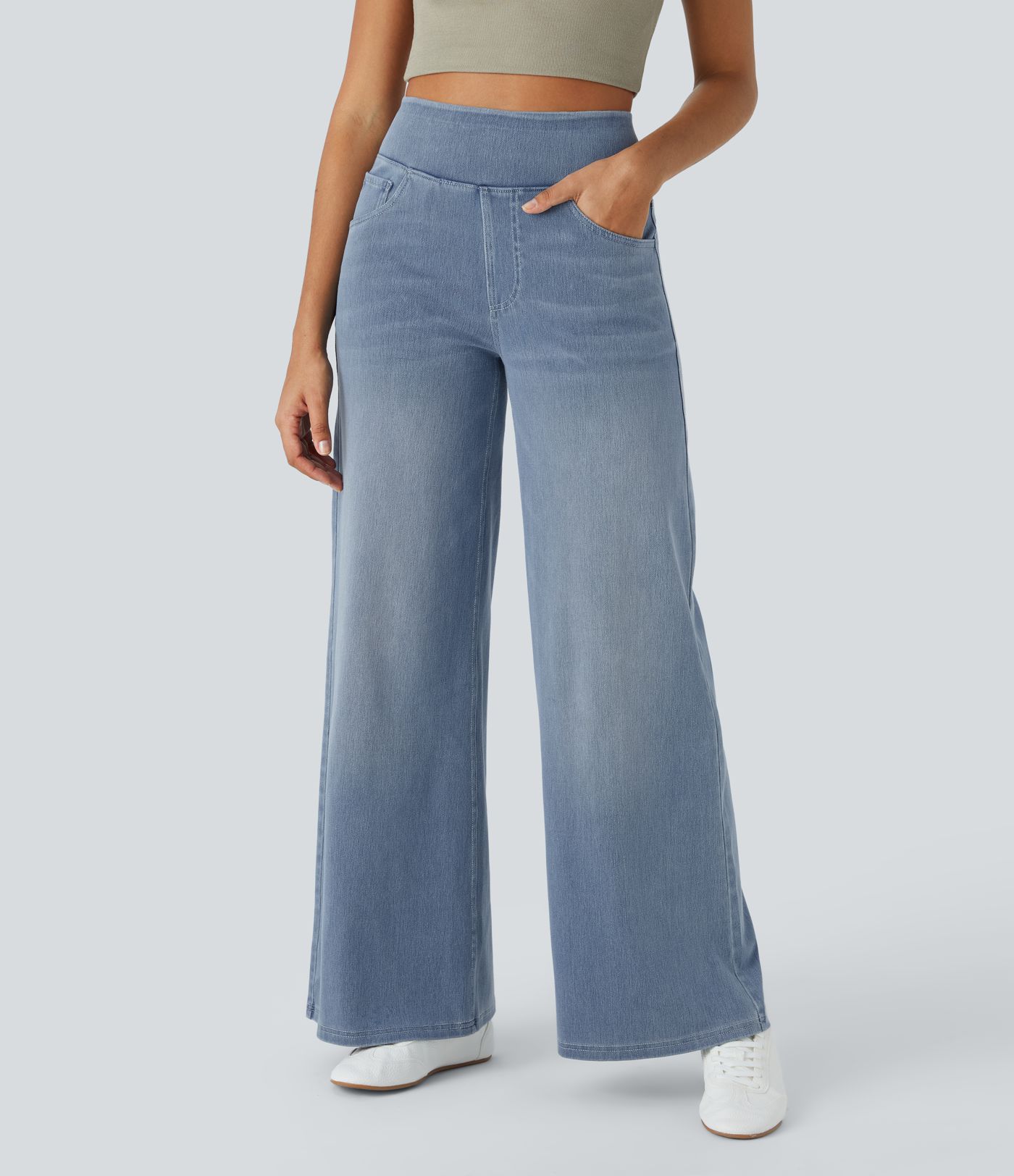 Halara Flex™ Baggy Jeans aus verwaschenem Stretch-Strick mit hohem Bund, mehreren Taschen und weitem Bein, Wide Leg Jeans