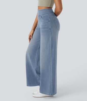Halara Flex™ Baggy Jeans aus verwaschenem Stretch-Strick mit hohem Bund, mehreren Taschen und weitem Bein, Wide Leg Jeans