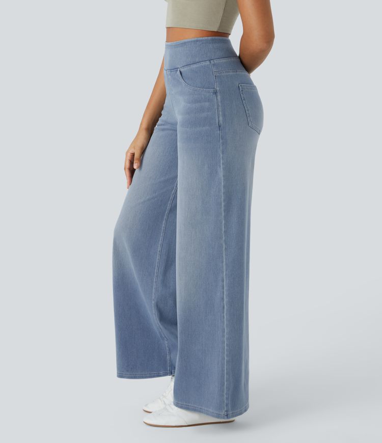 HalaraMagic™ High Waisted Multiple Pockets Wide Leg Washed Stretchy Knit Casual Jeans