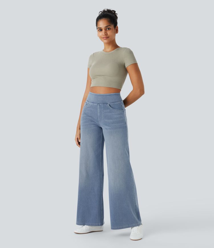 Halara Flex™ Baggy Jeans aus verwaschenem Stretch-Strick mit hohem Bund, mehreren Taschen und weitem Bein, Wide Leg Jeans