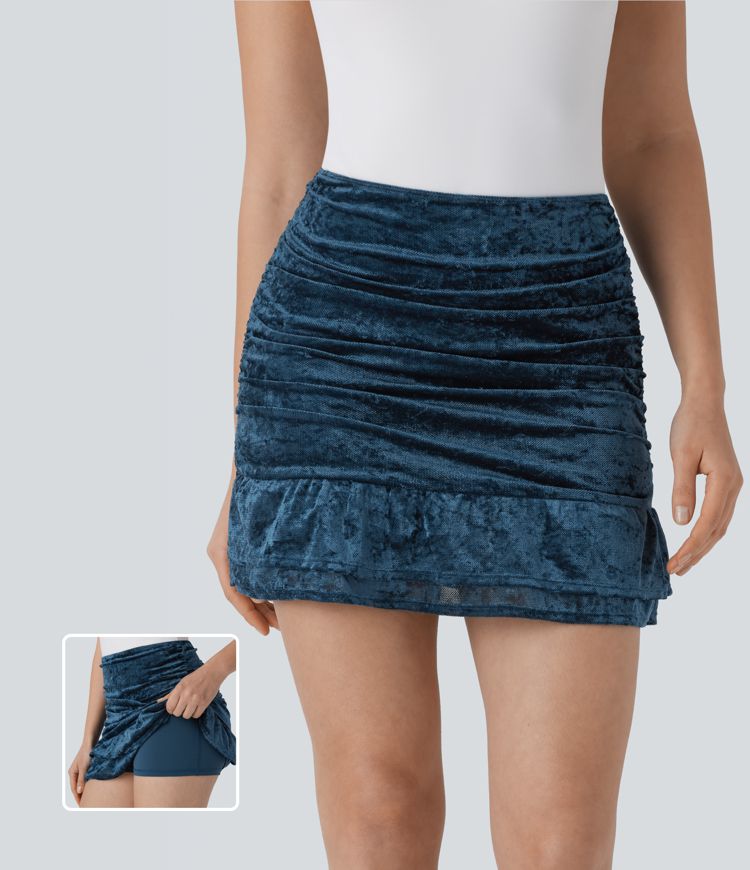 Jupe mini moulante 2-en-1 taille haute avec fronces et ourlet à volants en velours et superposition en mesh pour soirée