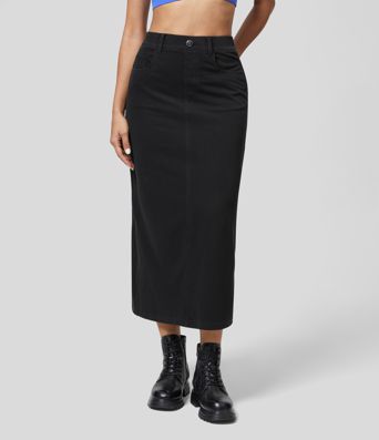 Halara Flex™ High Waisted Multiple Pockets Split Cool Touch Washed Stretchy Knit Denim Casual Skirt