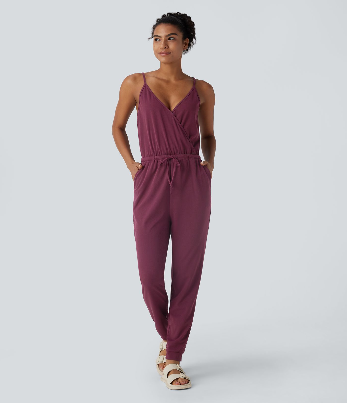 Crossover V Neck Adjustable Strap Drawstring Side Pocket Waffle Casual Jumpsuit