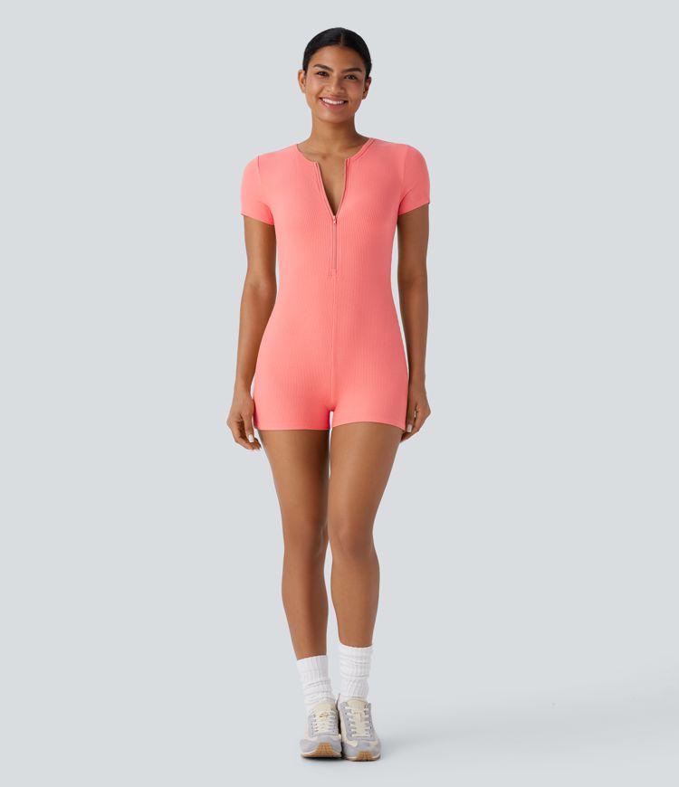Combinaison décontractée moulante en maille côtelée avec col rond et fermeture éclair