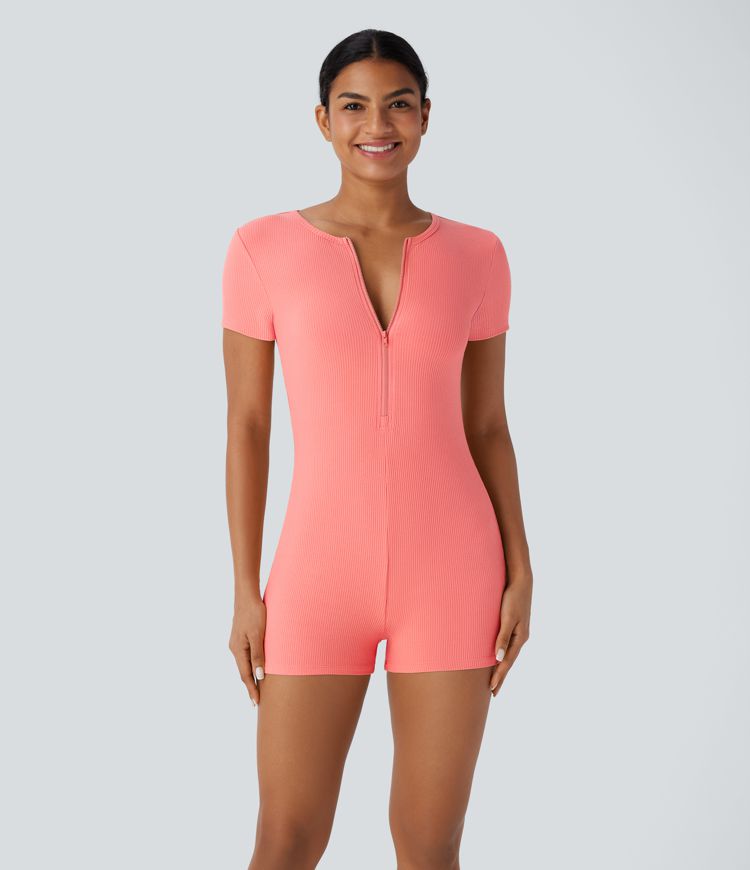 Combinaison décontractée moulante en maille côtelée avec col rond et fermeture éclair