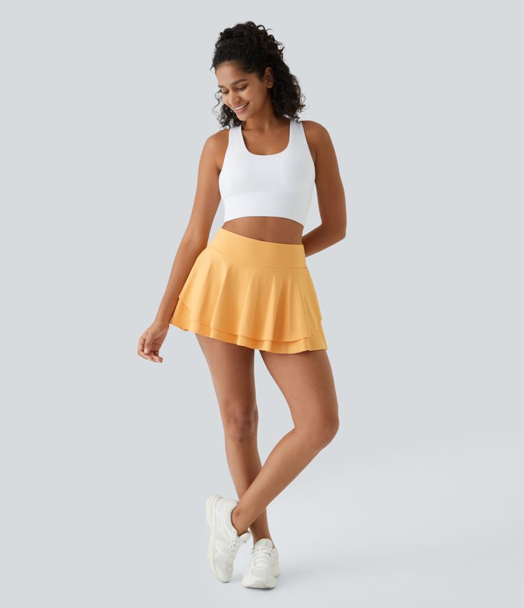 High waist 2-in-1 side pocket flared mini tennis skirt