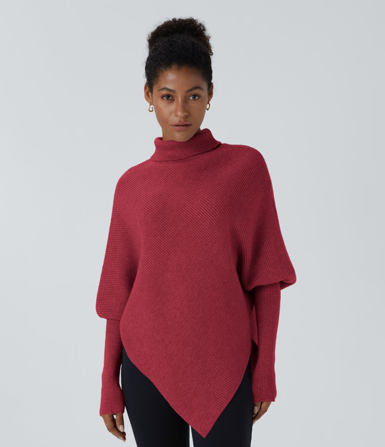 High Neck Long Sleeve Asymmetric Hem Work Sweater