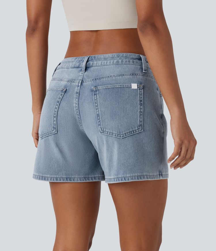 Halara Flex™ Asymmetric Low Rise Multiple Pockets Washed Stretchy Knit Denim Casual Shorts