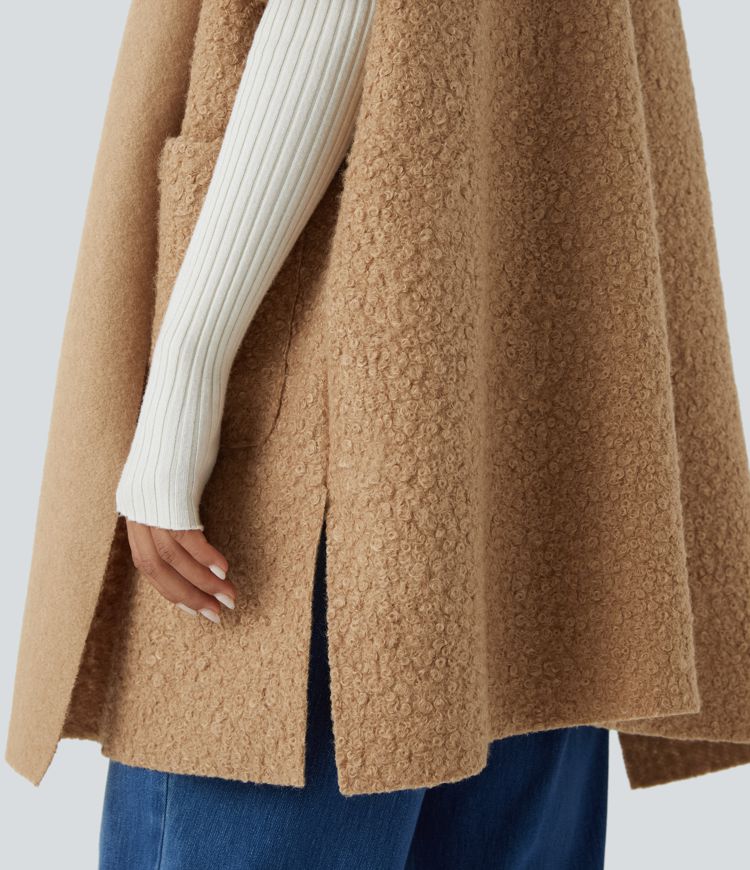 Chaqueta peluche capucha manga corta bolsillo lateral abertura cascada