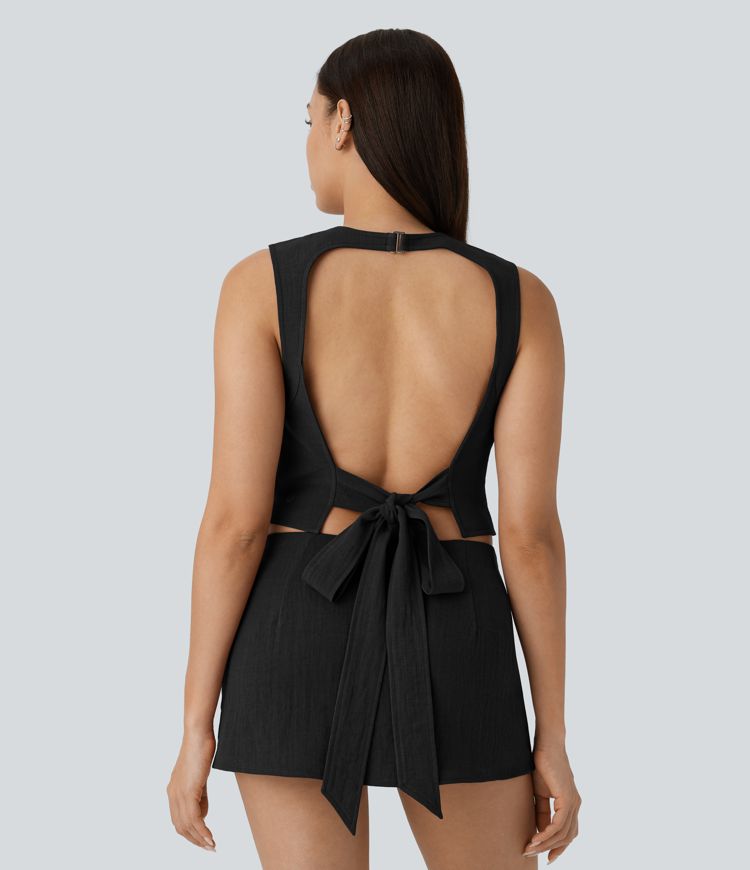 Tie Back Cropped Casual Linen-Feel Tank Top