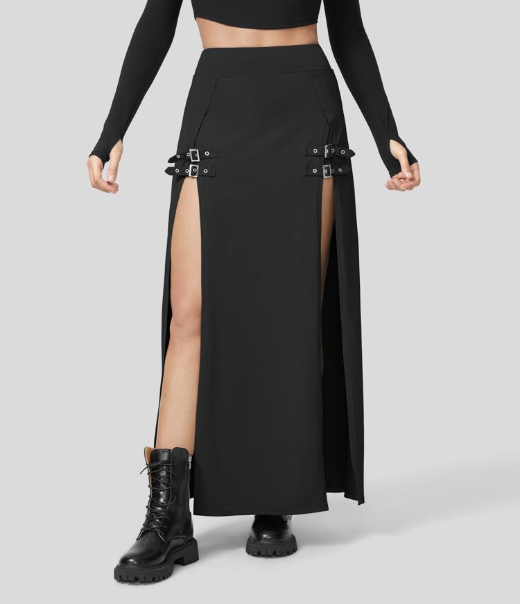 Women’s High Waisted Adjustable Buckle Split 2in1 Maxi Casual Skirt