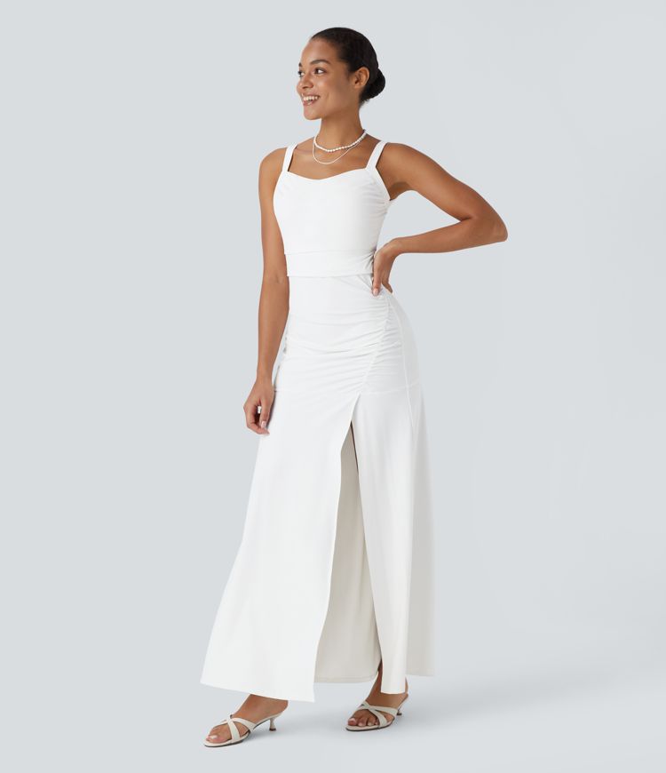 Vestido largo dama de honor invitada boda cuello cuadrado fruncido sin espalda entrecruzado cordón