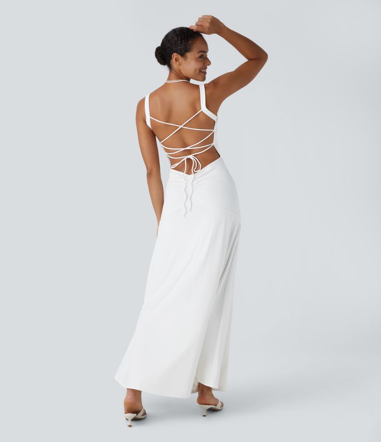 Vestido largo dama de honor invitada boda cuello cuadrado fruncido sin espalda entrecruzado cordón