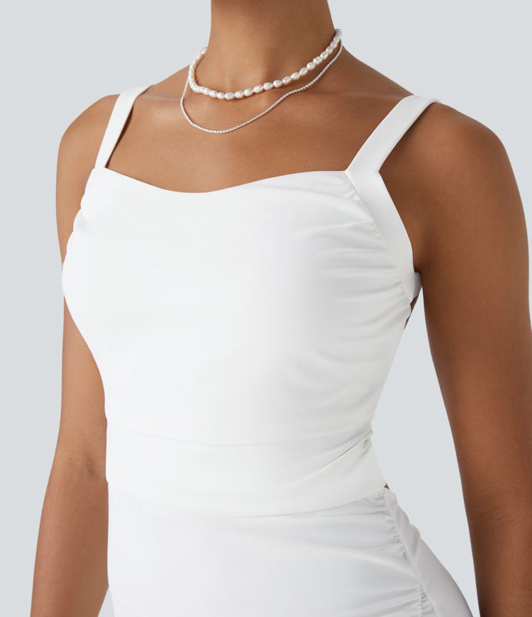 Vestido largo dama de honor invitada boda cuello cuadrado fruncido sin espalda entrecruzado cordón