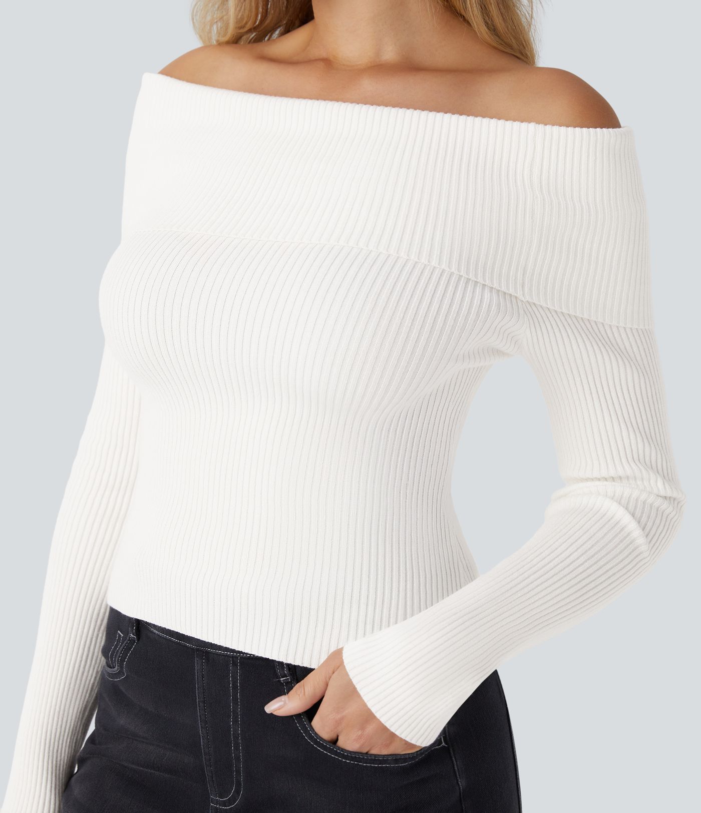 Suéter manga larga sin hombro doblado