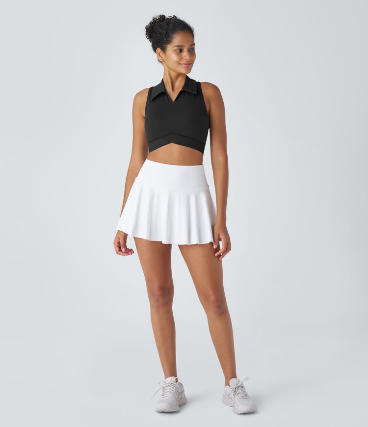 폴로 칼라 V 넥 백리스 레이서백 퀵 드라이 크롭 테니스 탱크탑