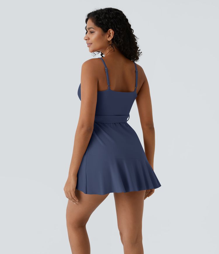 V Neck Backless Adjustable Strap Tie Side Ruffle 2-Piece Side Pocket Flowy Mini Casual Dress