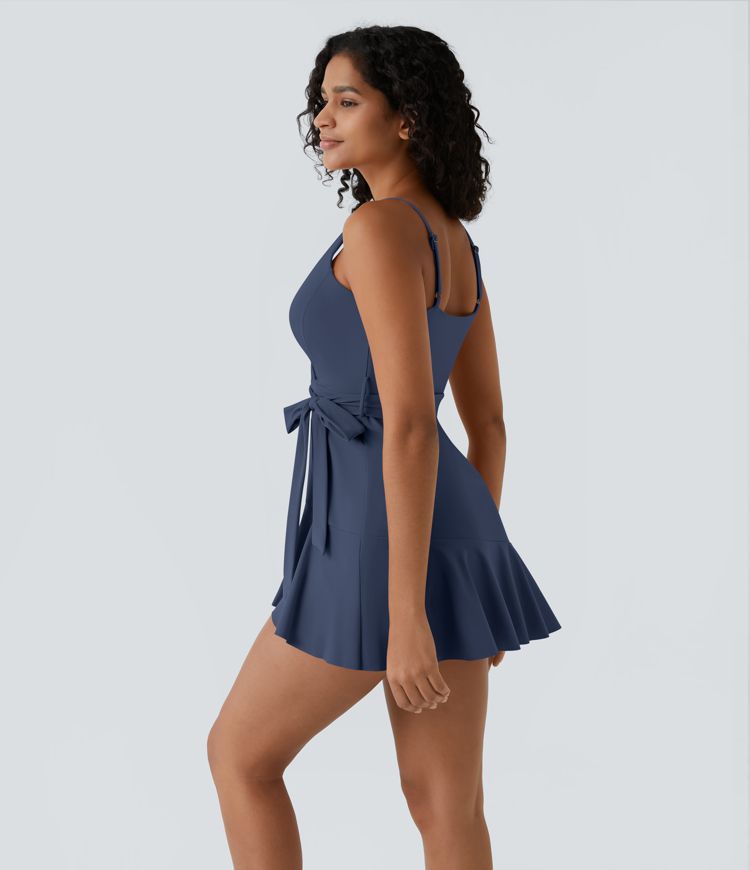 V Neck Backless Adjustable Strap Tie Side Ruffle 2-Piece Side Pocket Flowy Mini Casual Dress