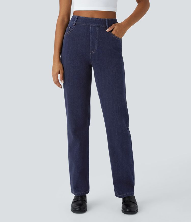 Halara Flex™ High Waisted Multiple Pockets Straight Leg Herringbone Stretchy Knit Casual Jeans