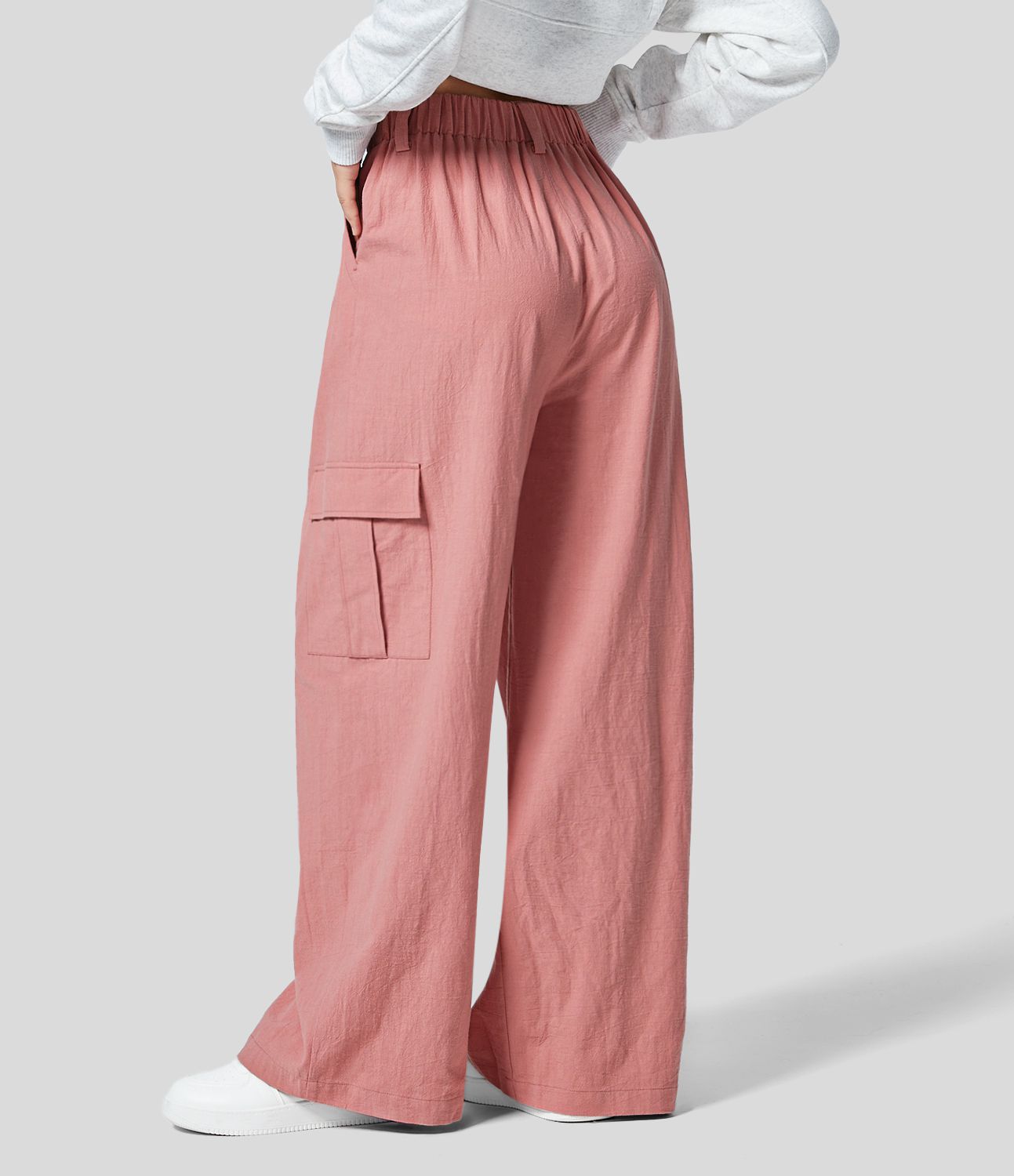 Pantalon Palazzo Fluide à Taille Haute avec Plis et Multiples Poches, Style Décontracté, Aspect Lin