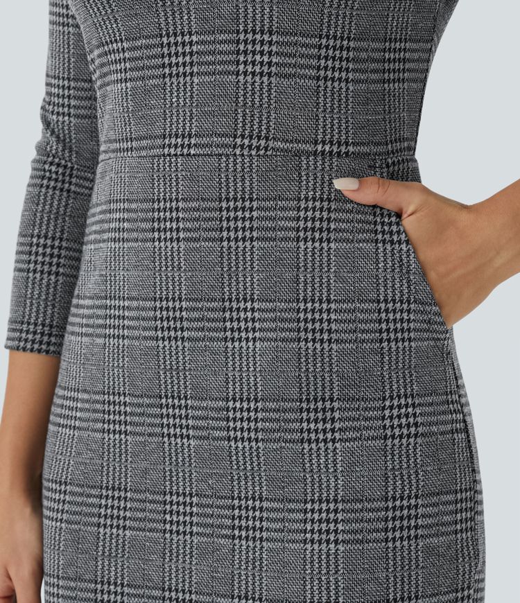 Boat Neck 3/4 Sleeve Side Pocket Houndstooth Plaid Midi Work Pencil Dress