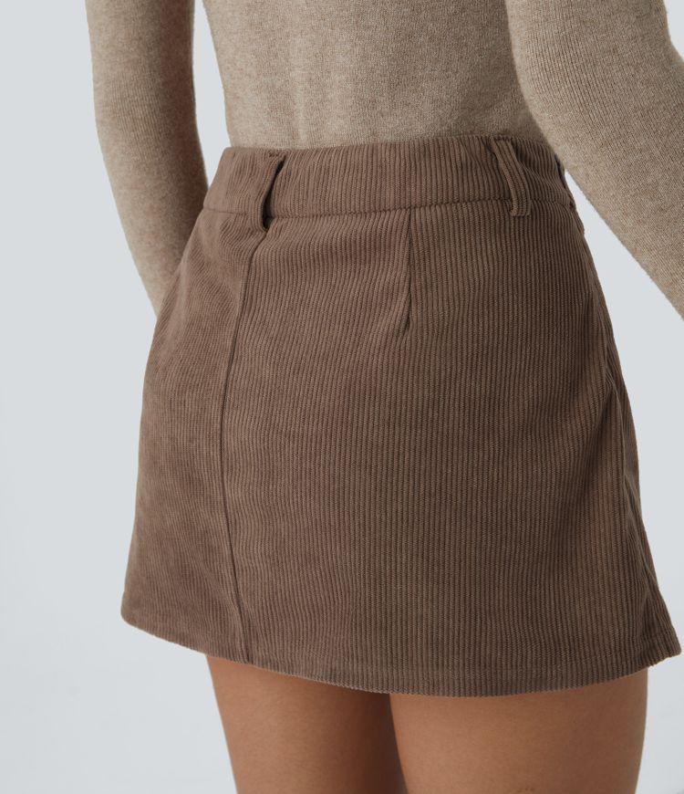 Jupe courte trapèze en velours côtelé taille mi-basse avec short intégré, bouton et fermeture éclair