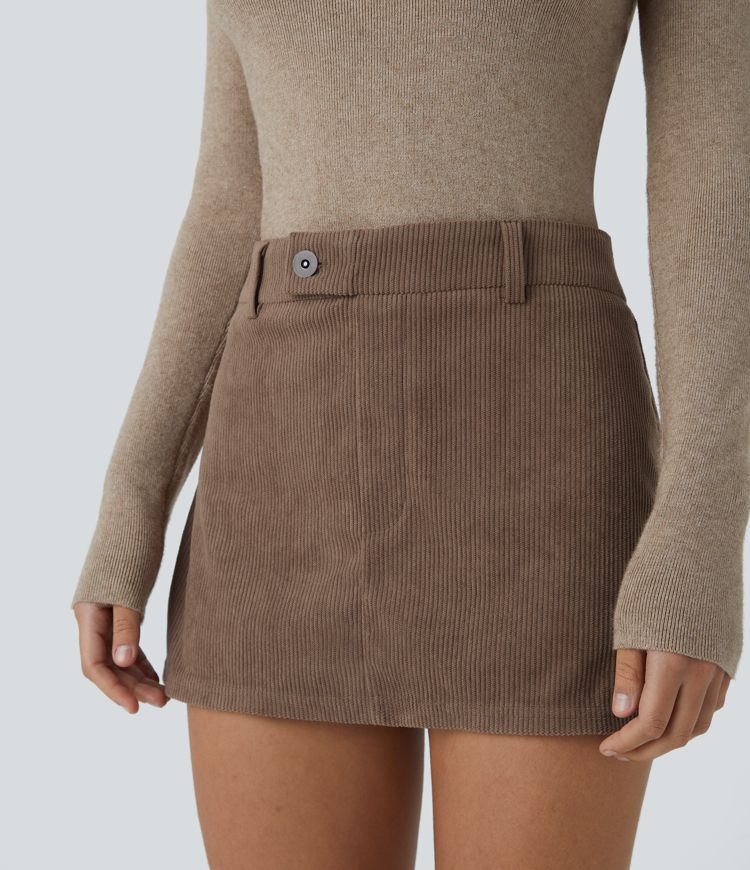 Jupe courte trapèze en velours côtelé taille mi-basse avec short intégré, bouton et fermeture éclair