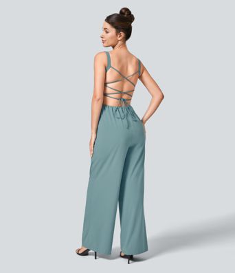 Breezeful™ Backless Crisscross Lace Up Side Pocket Quick Dry Casual Jumpsuit