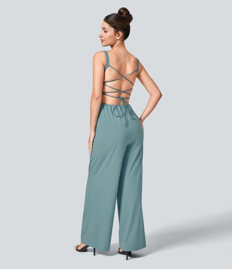 Breezeful™ Backless Crisscross Lace Up Side Pocket Quick Dry Casual Jumpsuit
