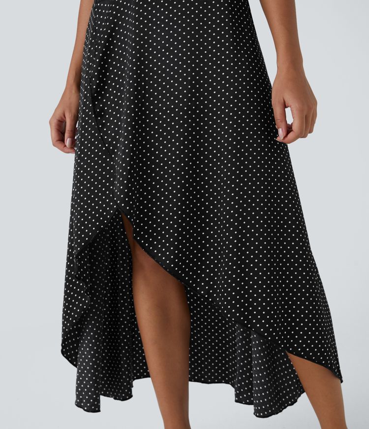 Jupe de Casual Maxi à Taille Mi-Haute avec Fermeture Éclair Volants Pois Ourlet Asymétrique Fluide