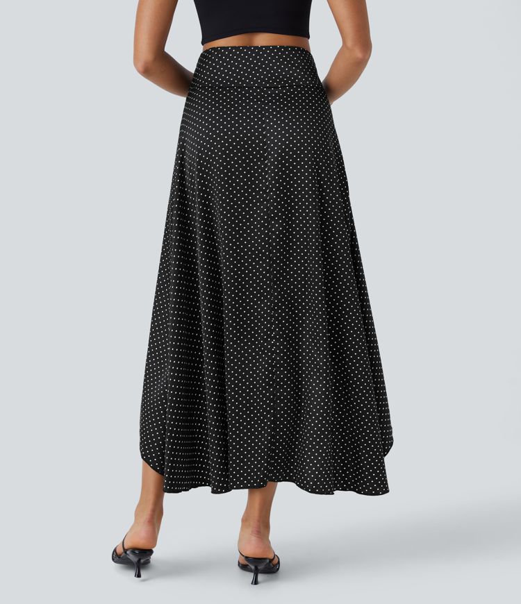 Jupe de Casual Maxi à Taille Mi-Haute avec Fermeture Éclair Volants Pois Ourlet Asymétrique Fluide