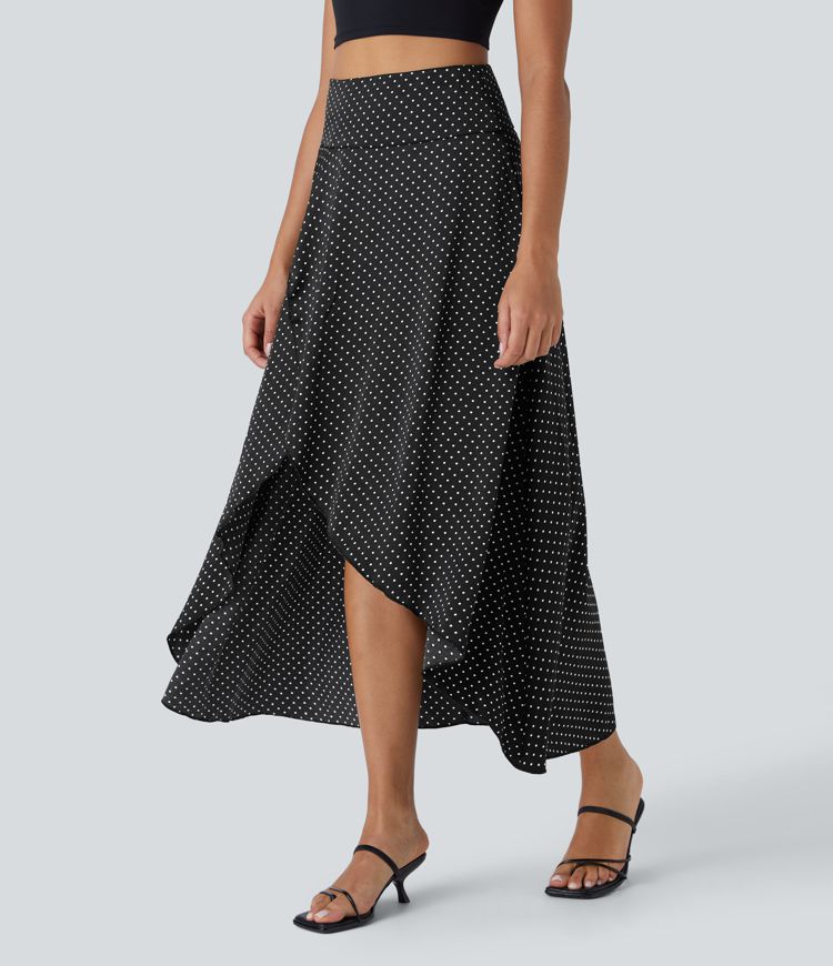 Jupe de Casual Maxi à Taille Mi-Haute avec Fermeture Éclair Volants Pois Ourlet Asymétrique Fluide