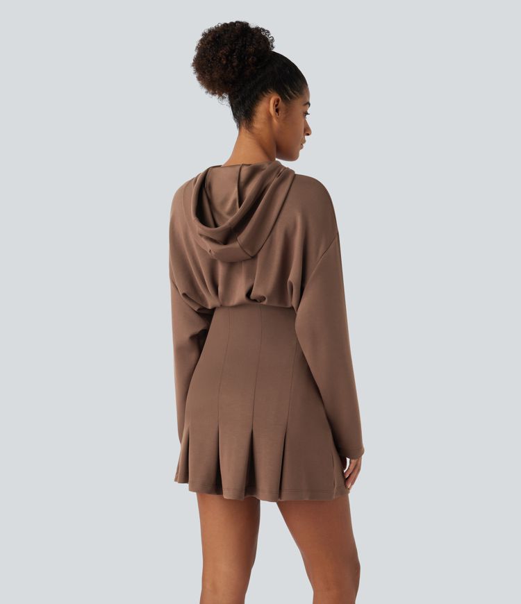 Mini dress with adjustable drawstring, off-the-shoulder design, long sleeves, pleated hem, hip wrap, and hood