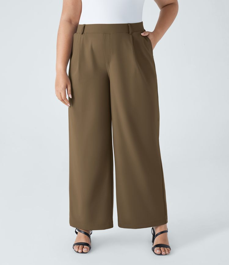 Pantalón  oficina tiro alto recto bolsillo lateral pinzas talla grande