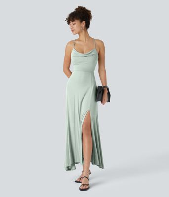 Ribbed Cowl Neck Lace Up Midi Dress