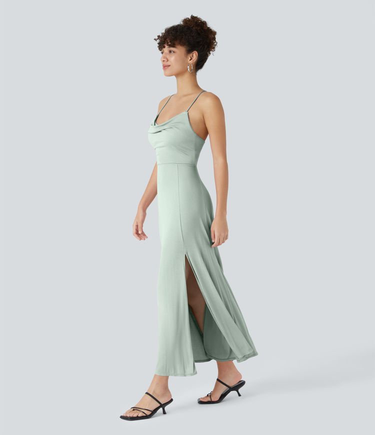 Ribbed Cowl Neck Backless Crisscross Lace Up Split Midi Party Dress