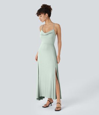 Ribbed Cowl Neck Lace Up Midi Dress