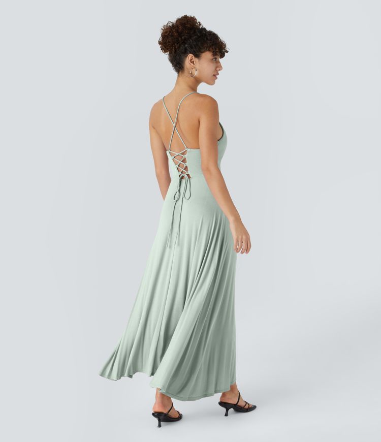 Ribbed Cowl Neck Backless Crisscross Lace Up Split Midi Party Dress