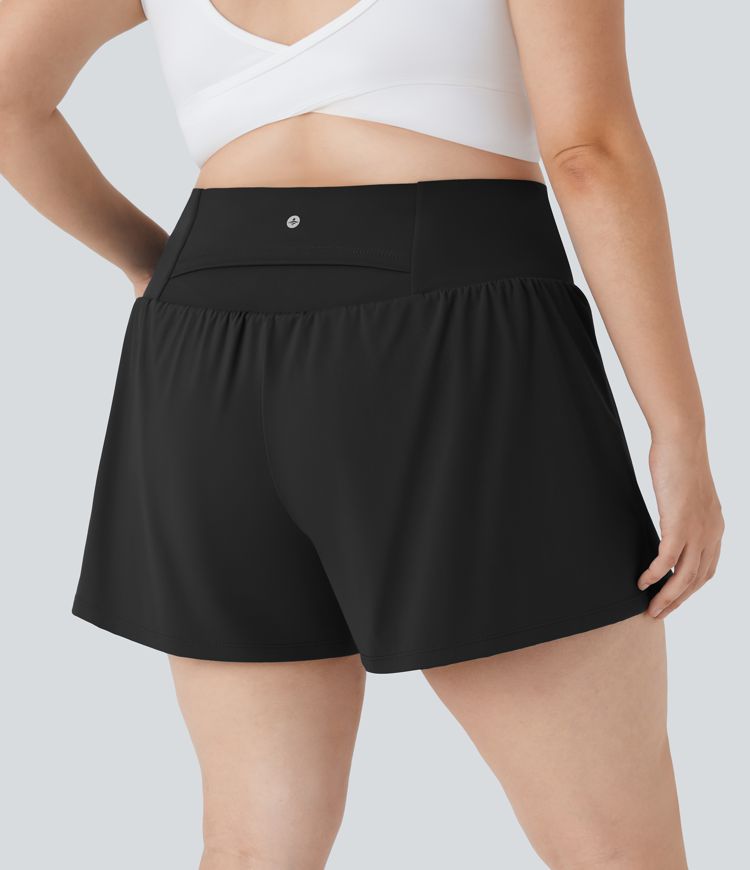 Super High Waisted Pocket & Pocket 2-in-1 Yoga Plus Size Shorts 4''-Longer Length