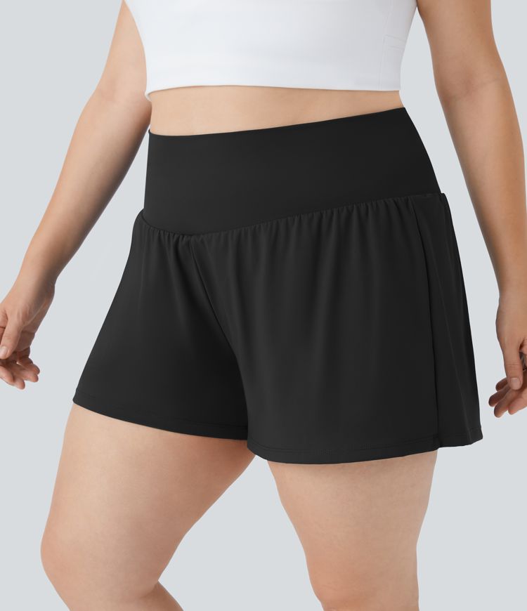 Super High Waisted Pocket & Pocket 2-in-1 Yoga Plus Size Shorts 4''-Longer Length