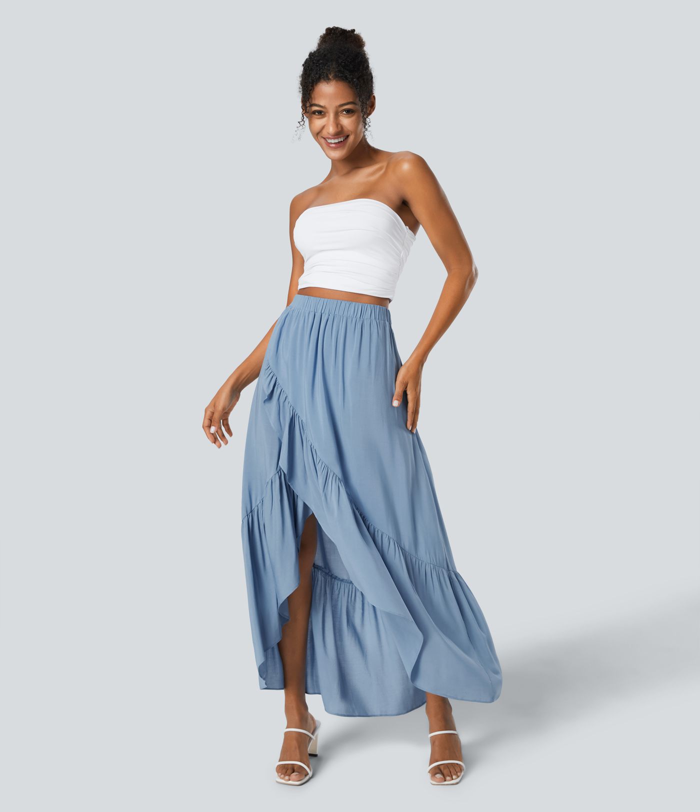 Falda maxi resort fluida dobladillo volante alto bajo plisado tiro alto