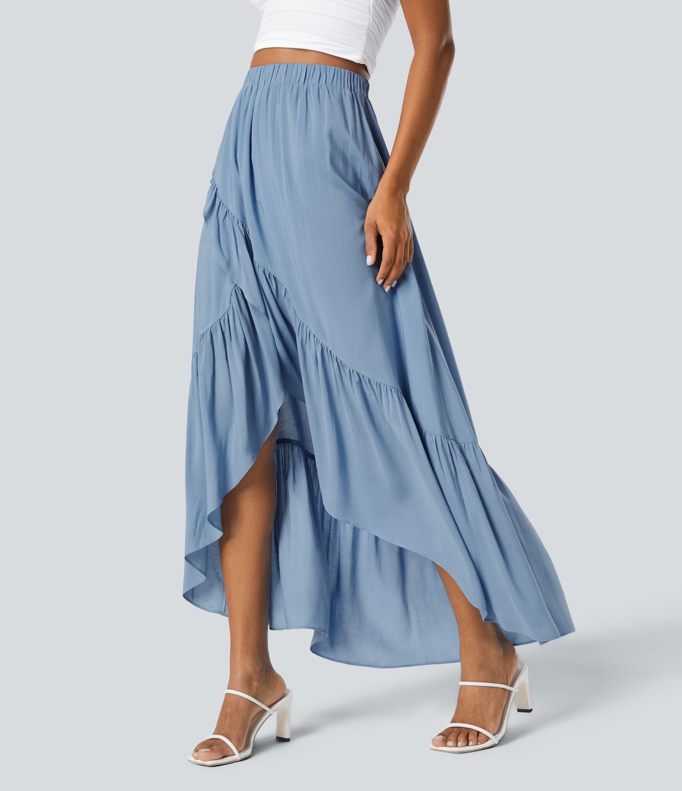 Falda maxi resort fluida dobladillo volante alto bajo plisado tiro alto