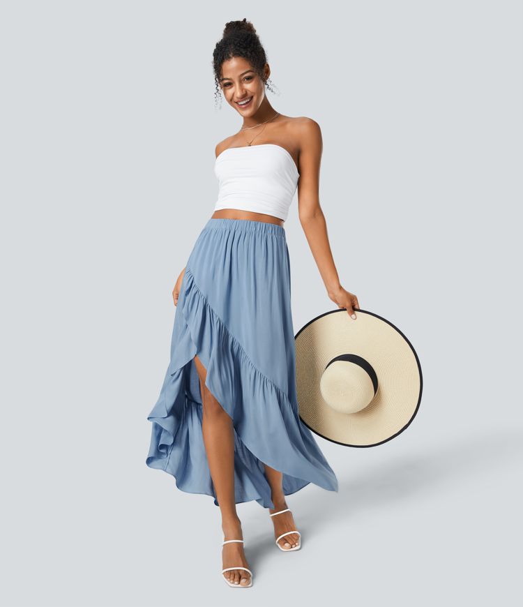 Falda maxi resort fluida dobladillo volante alto bajo plisado tiro alto