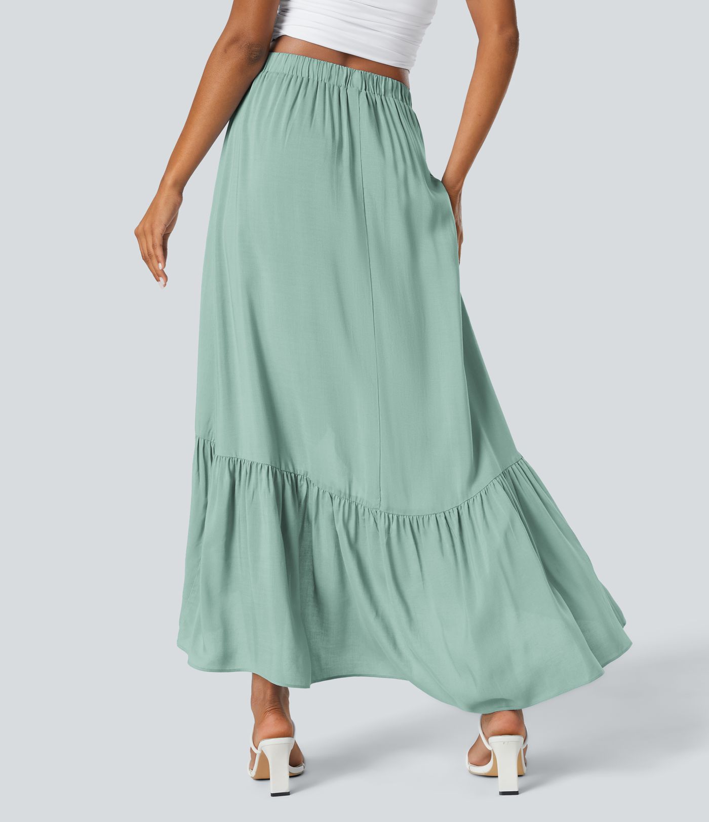 Fließender Maxi-Rock mit hoher Taille, plissiertem, hohem, tiefem Rüschensaum