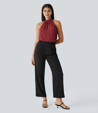 Keyhole Back Halter Sleeveless Curved Hem Work Blouse