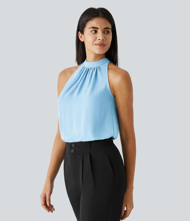 Keyhole Back Halter Plicated Sleeveless Curved Hem Work Blouse