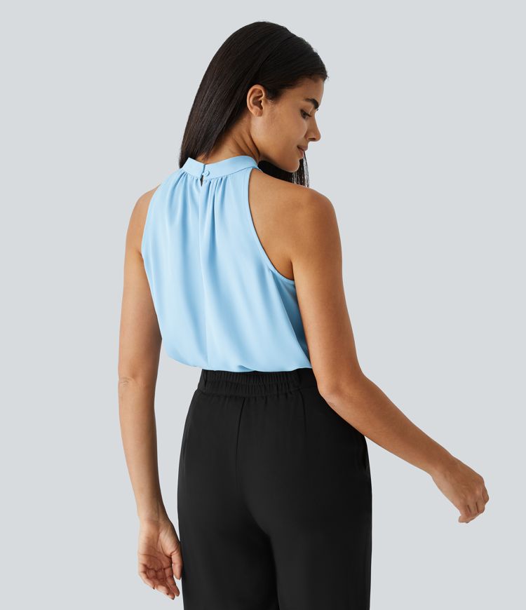 Keyhole Back Halter Plicated Sleeveless Curved Hem Work Blouse