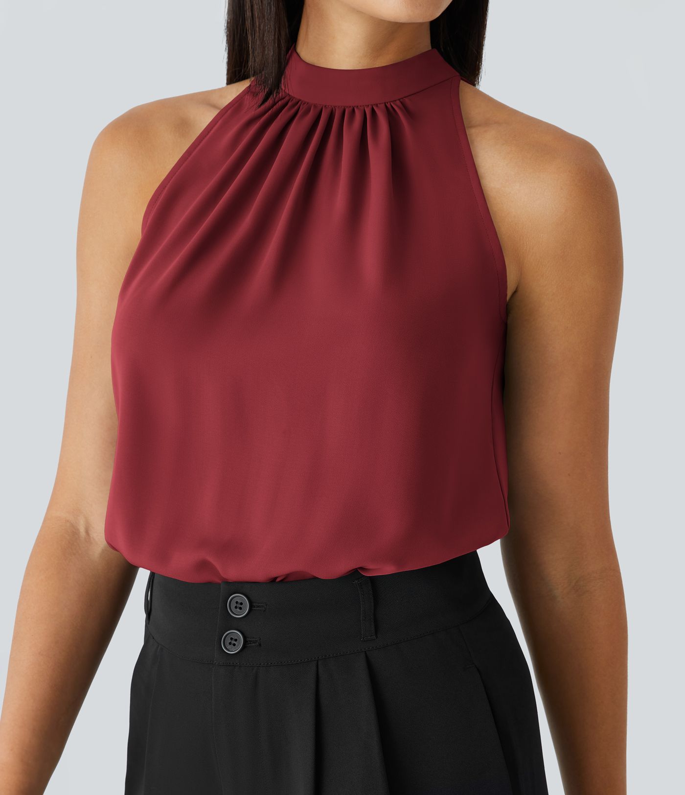 Keyhole Back Halter Sleeveless Curved Hem Work Blouse