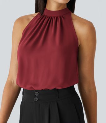 Keyhole Back Halter Sleeveless Curved Hem Work Blouse